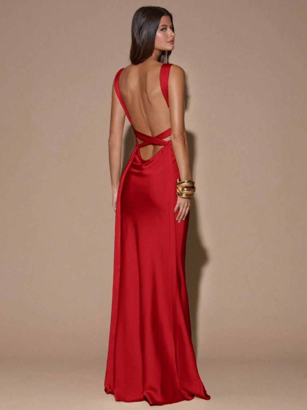 Red Satin Maxi Dress Criss Cross Back Ties - Picture 8 of 10
